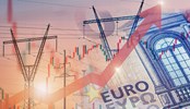 Power lines next to euro notes with stock chart and rising up arrow. Energy crisis in Europe. Price increase of electricity consumptions for home and industry. Electricity trade.