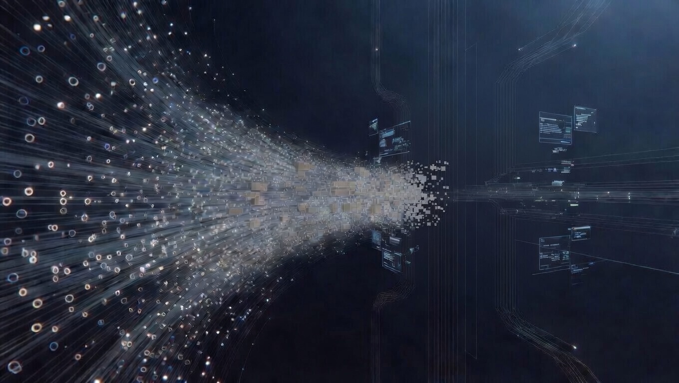 Abstract digital visualization of data streams and network interfaces representing MiNA (Micro-based National Accounts)