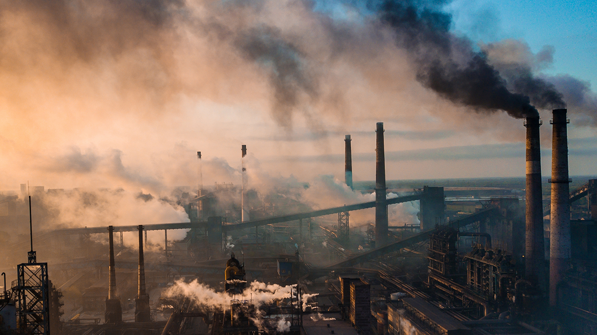 industry metallurgical plant dawn smoke smog emissions bad ecology aerial photography