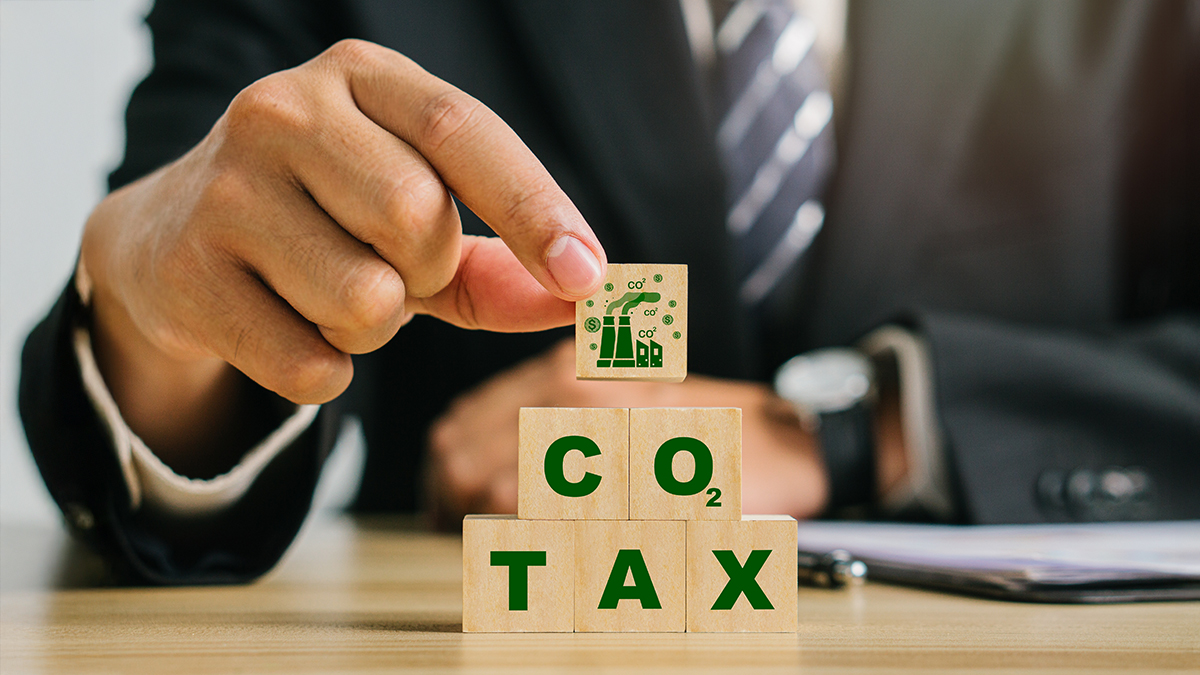 Concept of green Co2 Tax.Carbon tax, environmental and social responsibility business concept. Taxation for nature pollution.Businessman holding wooden cubes with CO2 TAX word.