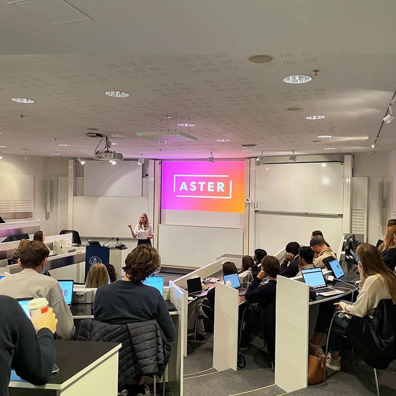 Josephine Darlington, Head of ASTER,  presenting in front of students in a class toom.