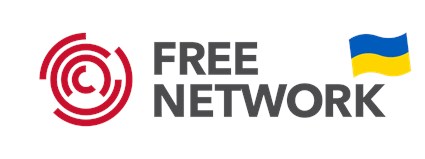 FREE Network logo with the Ukraine flag added on top of the letter 'K'
