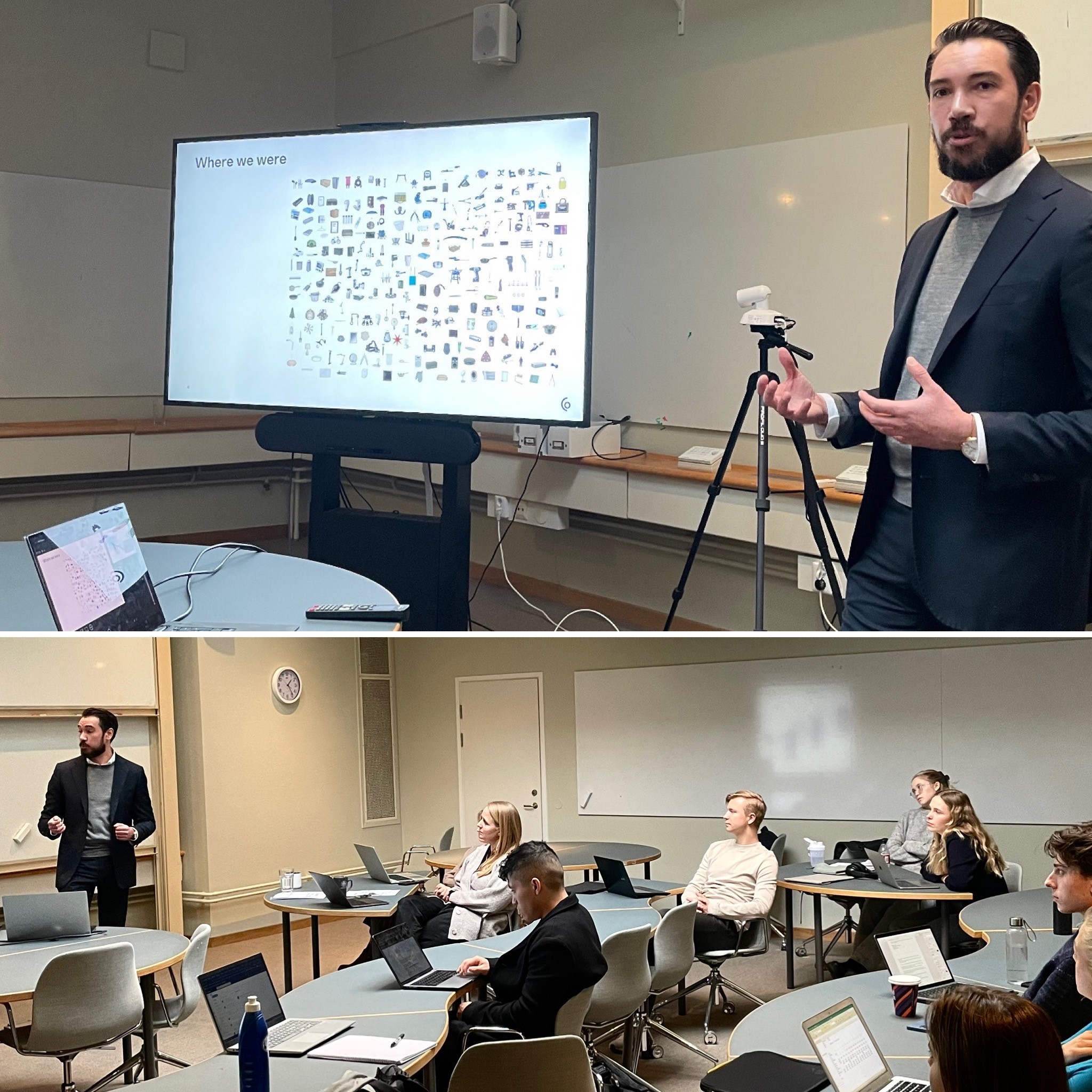 Thomas Fearis, Senior Industrial Designer at Clas Ohlson presenting in front of a TV to a group of students in a classroom.