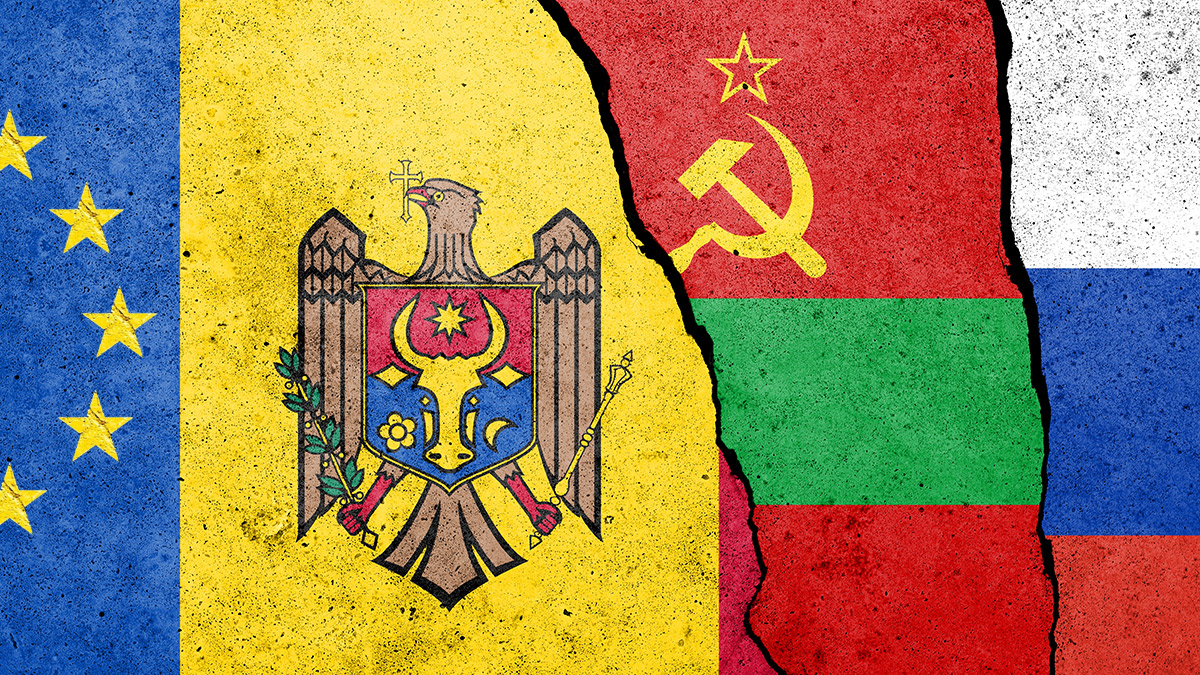 Eu flag, Moldova and Transnistria, Russia flags painted on a concrete wall.