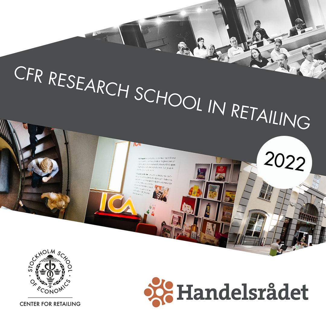 Flyer written with with CFR research school in retailing  2022  in diagonal and the CFR logo and the Handelsradet logo in bottom. Participants in a class room showing in upper corner.