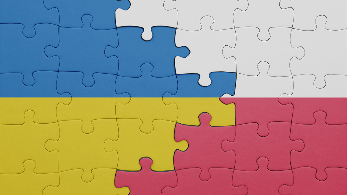 puzzle with the colourful national flag of poland and flag of ukraine. concept