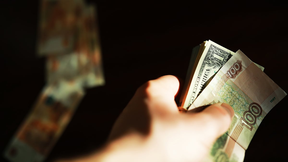 Hand Holding International Currency Notes with Euro, Dollar, and Ruble in Focus. Photo: Shutterstock