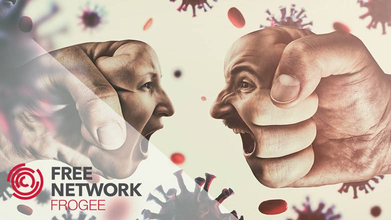 Two hands formed as man and woman. About to collide with each other while surrounded by COVID19 virus. Text in the corner says "FREE Network - FROGEE".