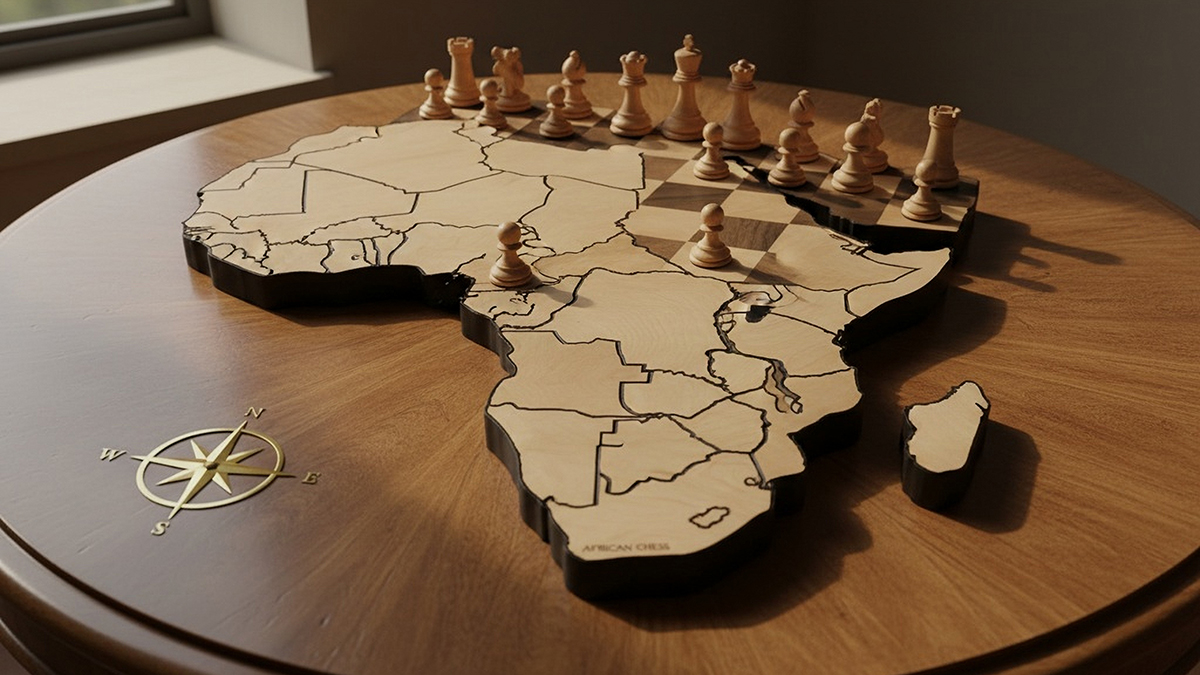 Chessboard shaped like the African continent. This content was generated by an Artificial Intelligence (AI) system.