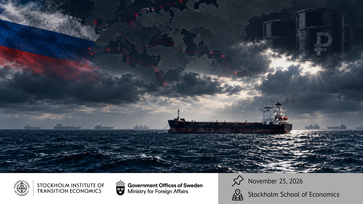 An aging, rust-streaked oil tanker crosses a dark, choppy sea beneath storm clouds. A faded Russian tricolor overlays the sky, alongside a map of Eurasian shipping routes marked in red and oil barrels bearing the ruble symbol, evoking the secrecy and geopolitical significance of Russia’s shadow fleet. Photo: Shutterstock, Image ID: 2568674503, AI-generated modifications by OpenAI.