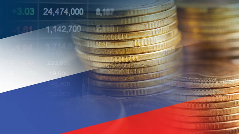 Russia flag with stock market finance, economy trend graph digital technology.