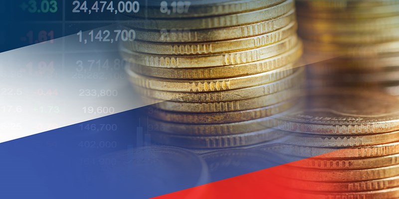 Russia flag with stock market finance, economy trend graph digital technology.