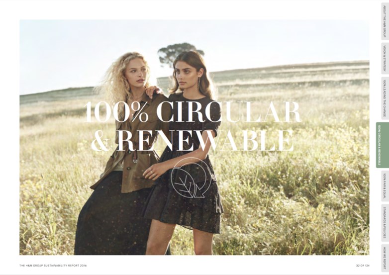 Two females are walking on a crop field a sunny day in garments from H&M. The text "100 % circular & renewable" is written in capital white letters.