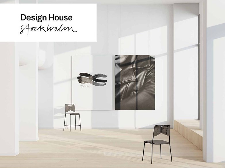 Promotional picture from Design House Stockholm showing a minialistic heigh ceiling white room with only two black chairs and a two paintings on the wall. Sunlight reflecting.