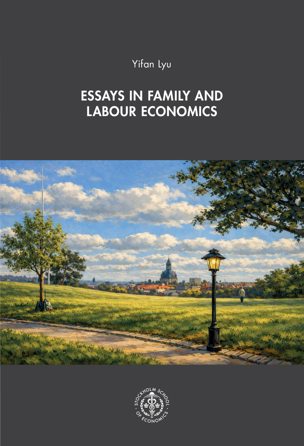 The book cover titled “Essays in Family and Labour Economics” features a painted scene of a sunlit park with a path, trees, a lamppost, and a distant city skyline beneath soft clouds, rendered in a calm palette of blues, greens, golds, and earth tones that evoke a bright late‑spring or summer day with lush grass, full trees, and warm light.
