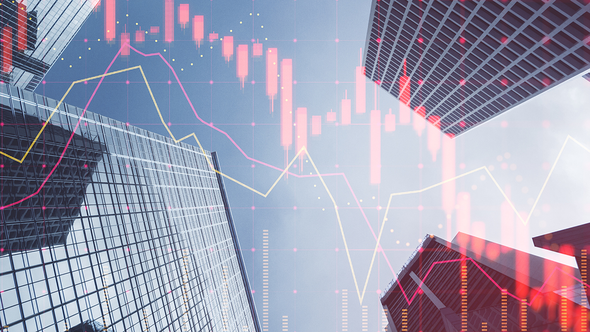 Investing, trading and real estate market crisis concept with digital red financial chart candlestick and graphs on modern skyscraper tops bottom view background, double exposure.