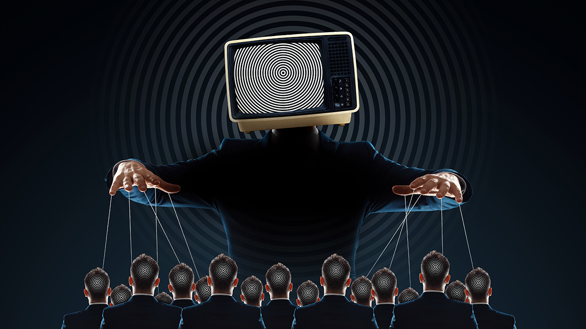 Television zombifies people through propaganda. The puppeteer holds the puppets. Manipulating the crowd with the help of fakes, false information.