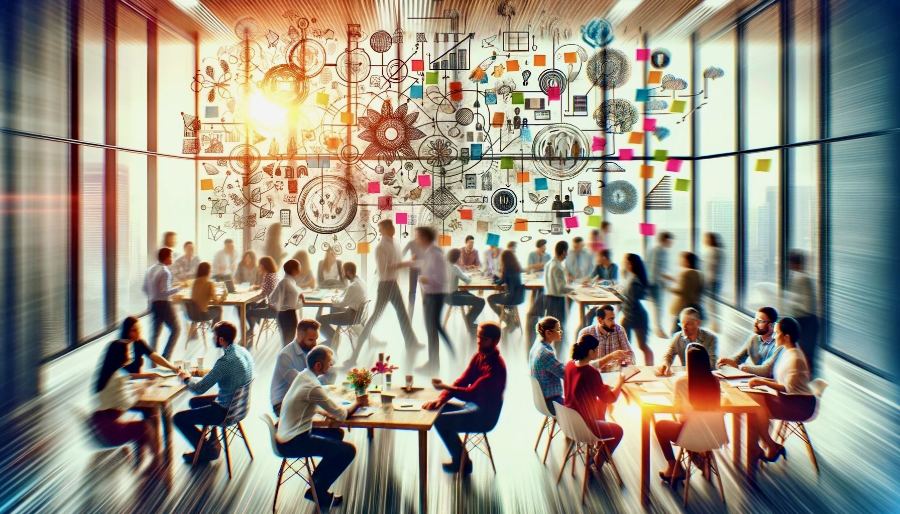 A bustling office setting where a diverse group of employees are actively collaborating on brainstorming and discussing ideas. The background shows.jpeg