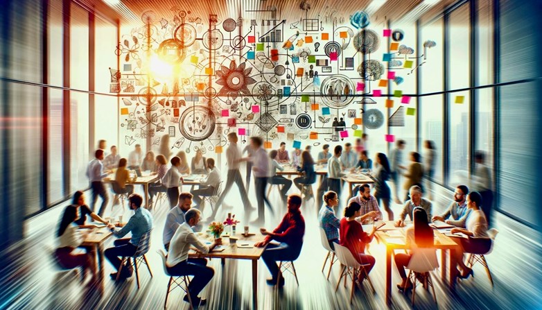A bustling office setting where a diverse group of employees are actively collaborating on brainstorming and discussing ideas. The background shows.jpeg