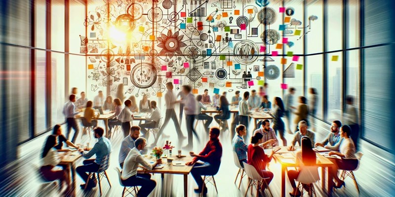 A bustling office setting where a diverse group of employees are actively collaborating on brainstorming and discussing ideas. The background shows.jpeg