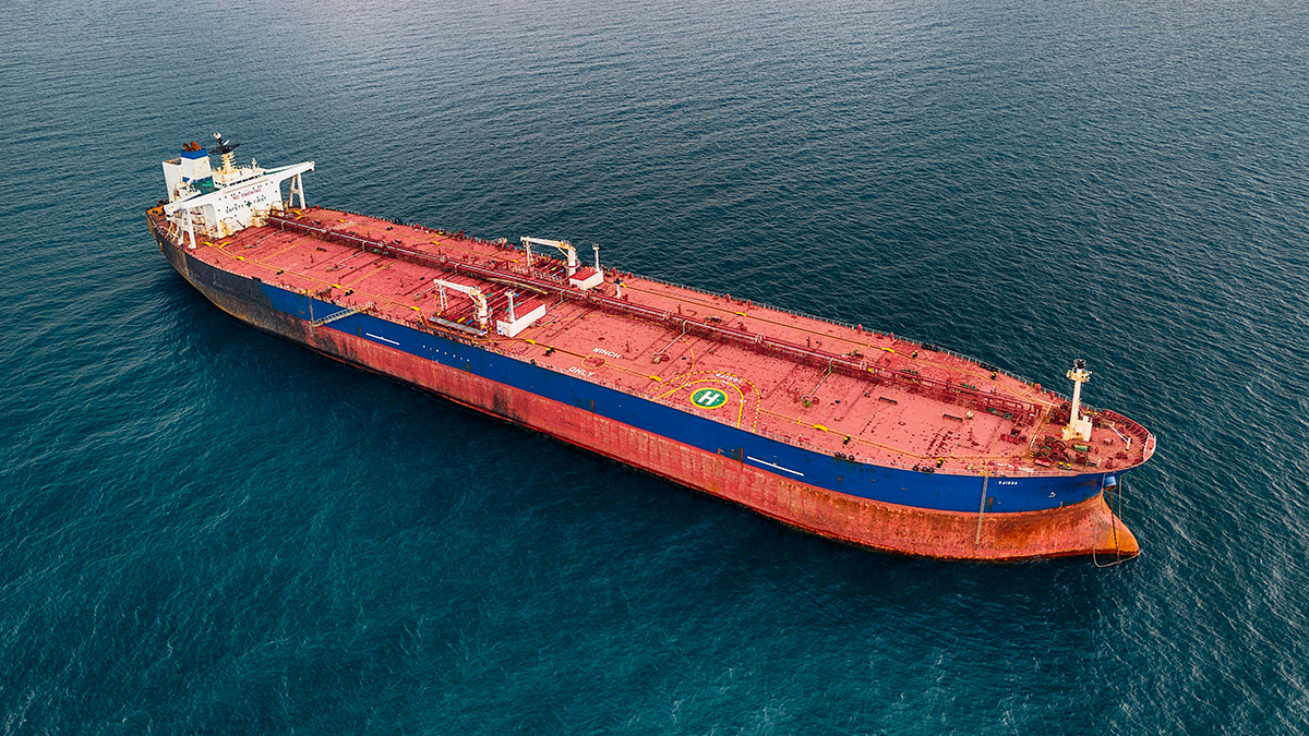 Aerial drone footage of the sanctioned Russian "shadow fleet" tanker "Kairos" near the Bulgarian Black Sea coast.