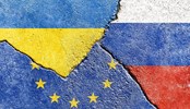 Grunge Ukraine vs EU (European Union) vs Russia flags isolated on cracked wall background, abstract Ukraine Europe Russia politics society economy war relationship conflicts concept wallpaper
