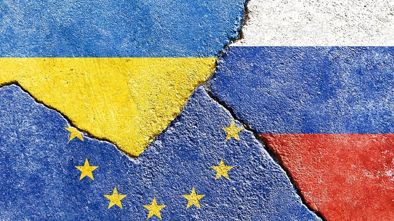 Grunge Ukraine vs EU (European Union) vs Russia flags isolated on cracked wall background, abstract Ukraine Europe Russia politics society economy war relationship conflicts concept wallpaper