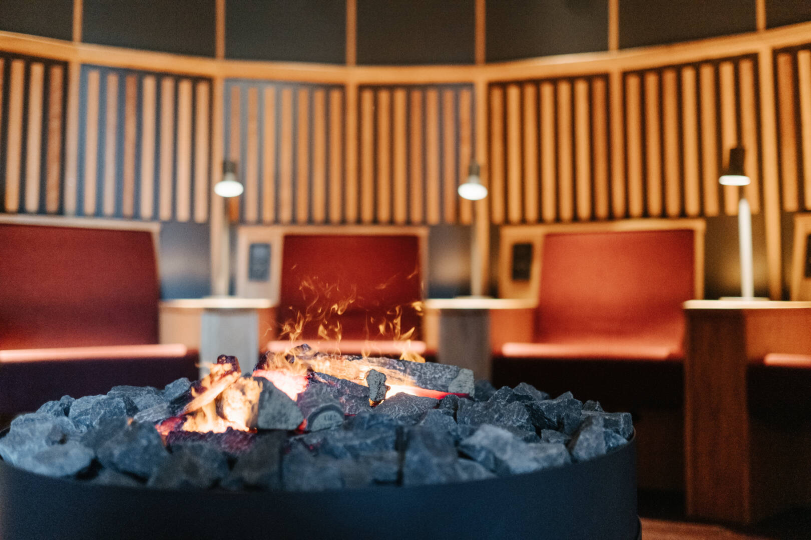 interior with fire in the middle