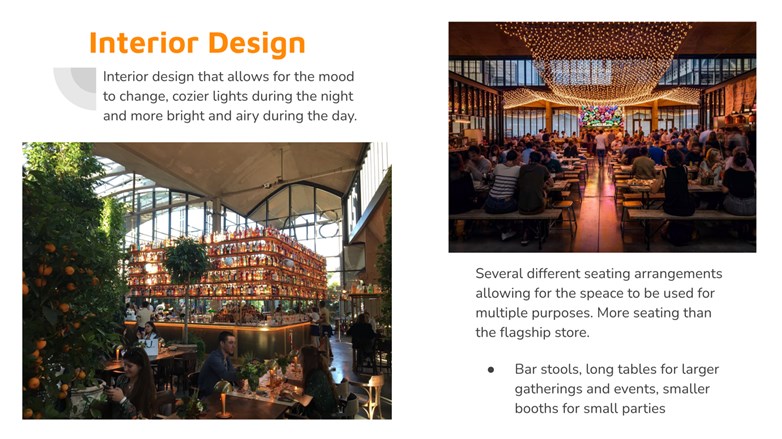 Two sample pictures of interior design showing people dining in cosy high ceiling and spacious restaurants.
