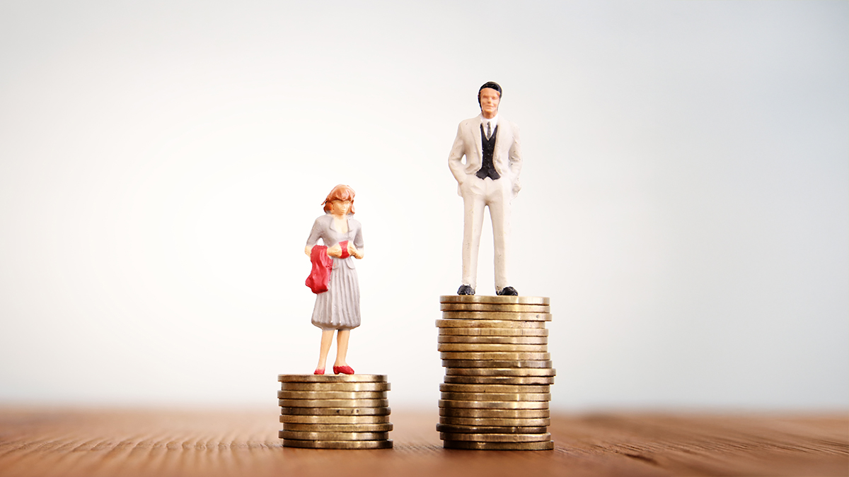 Conceptual image of gender inequality. A woman and a man with income difference.