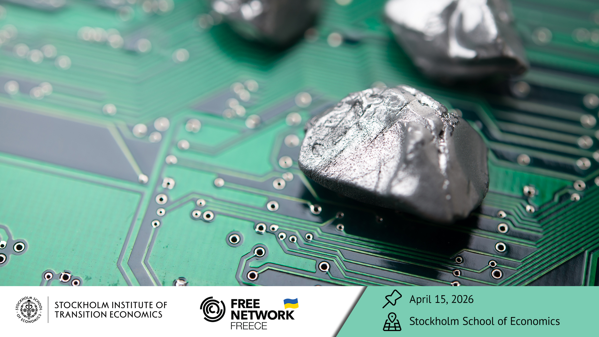 Mineral rare earth element on green electronic circuit board background copy space. US vs China chip war, tech war, semiconductor industry concept. China curbs on exports of rare earth element to US.