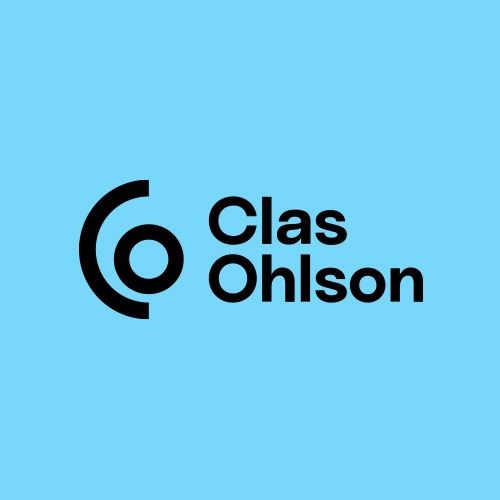 Official Clas Ohlson logo on a sky blue background.