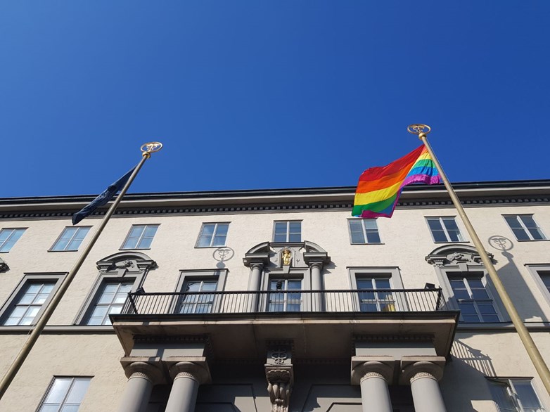 Rainbow flags outside SSE, with blue skies