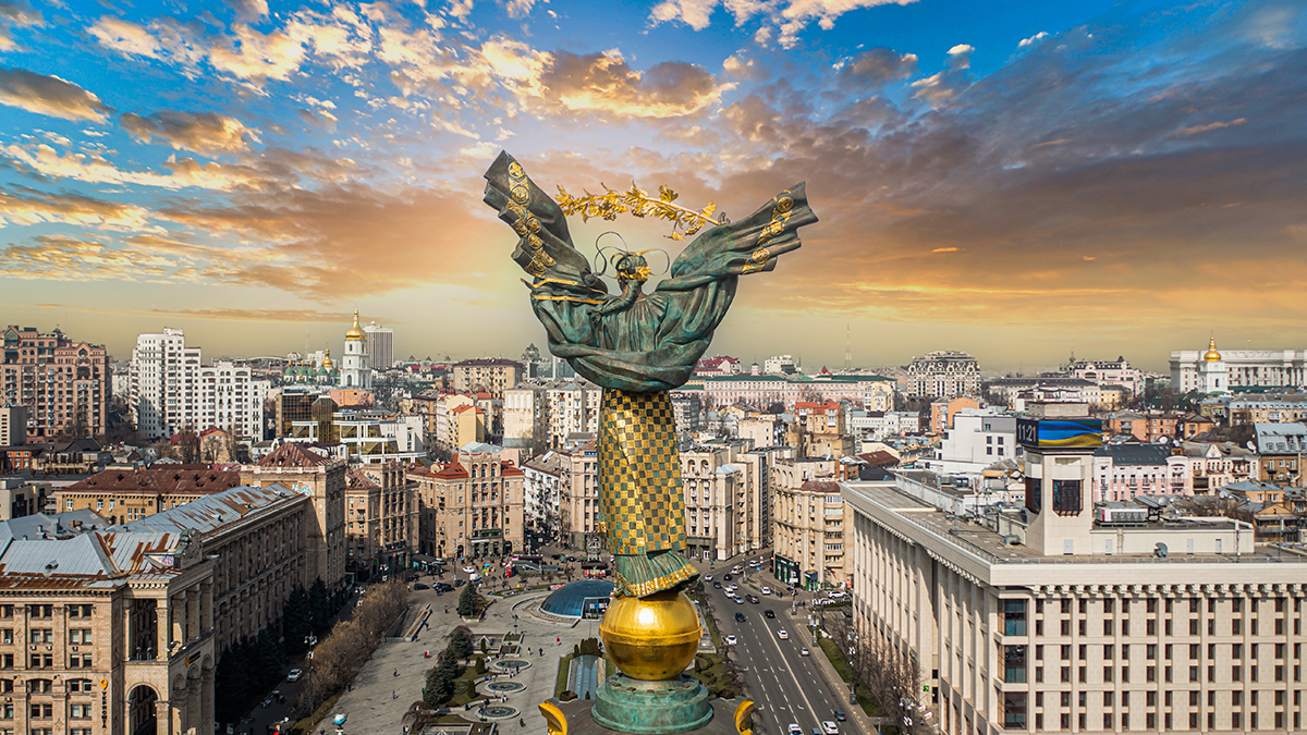 Kyiv, Ukraine - April 1, 2021: Independence Monument in Kyiv. View from drone