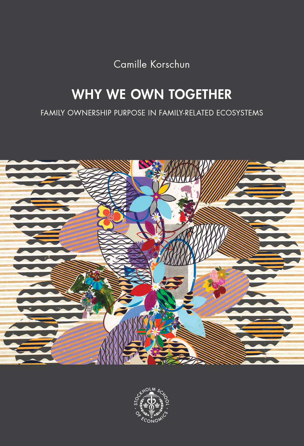 Image of book cover showing a vibrant abstract artwork made of overlapping patterned shapes and brightly colored, flower like forms layered over wavy black, white, and orange backgrounds. The title of the art work is “Banho de Rio”, by Beatriz Milhazes, 2017.