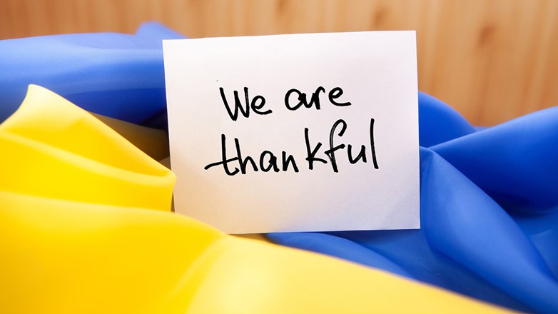 We are thankful - card with lettering on yellow blue colors ukrainian flag