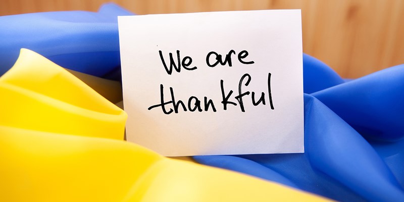 We are thankful - card with lettering on yellow blue colors ukrainian flag