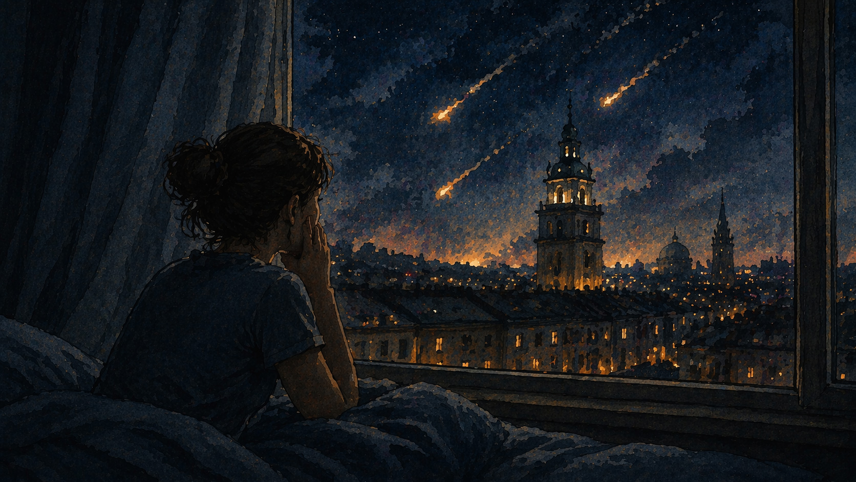 A moody illustration of a sleepless woman gazing from her bed over Lviv at night, as the tense sky and quiet streets evoke wartime air alerts, anxiety, and caution.