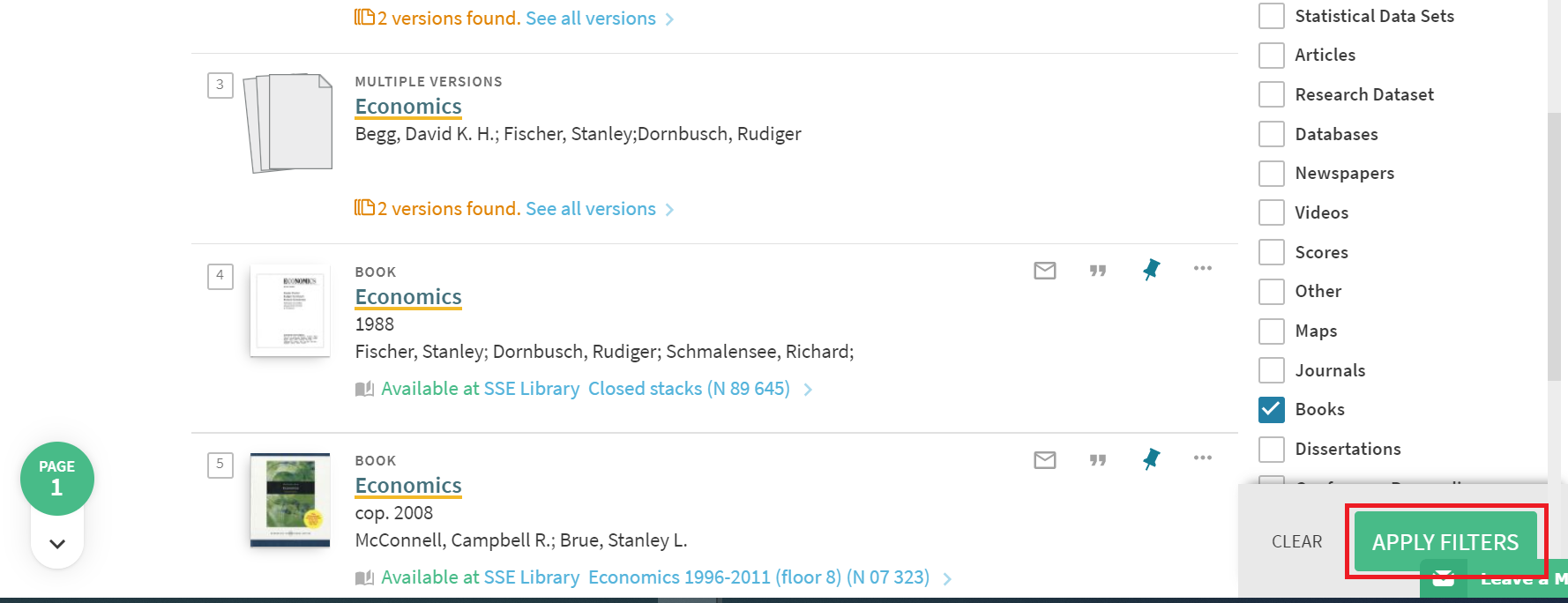 Finding e-books 5 Screen shot with information on where to "Apply filters"