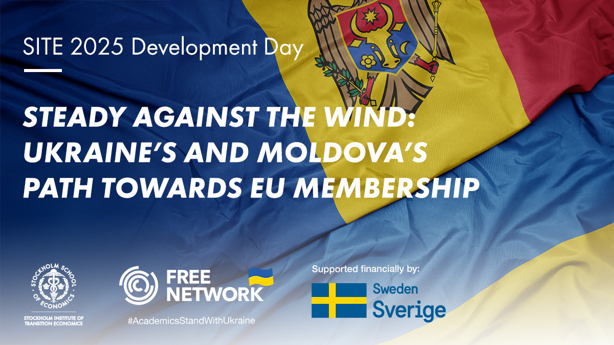 Waving colorful flag of Ukraine and national flag of Moldova.