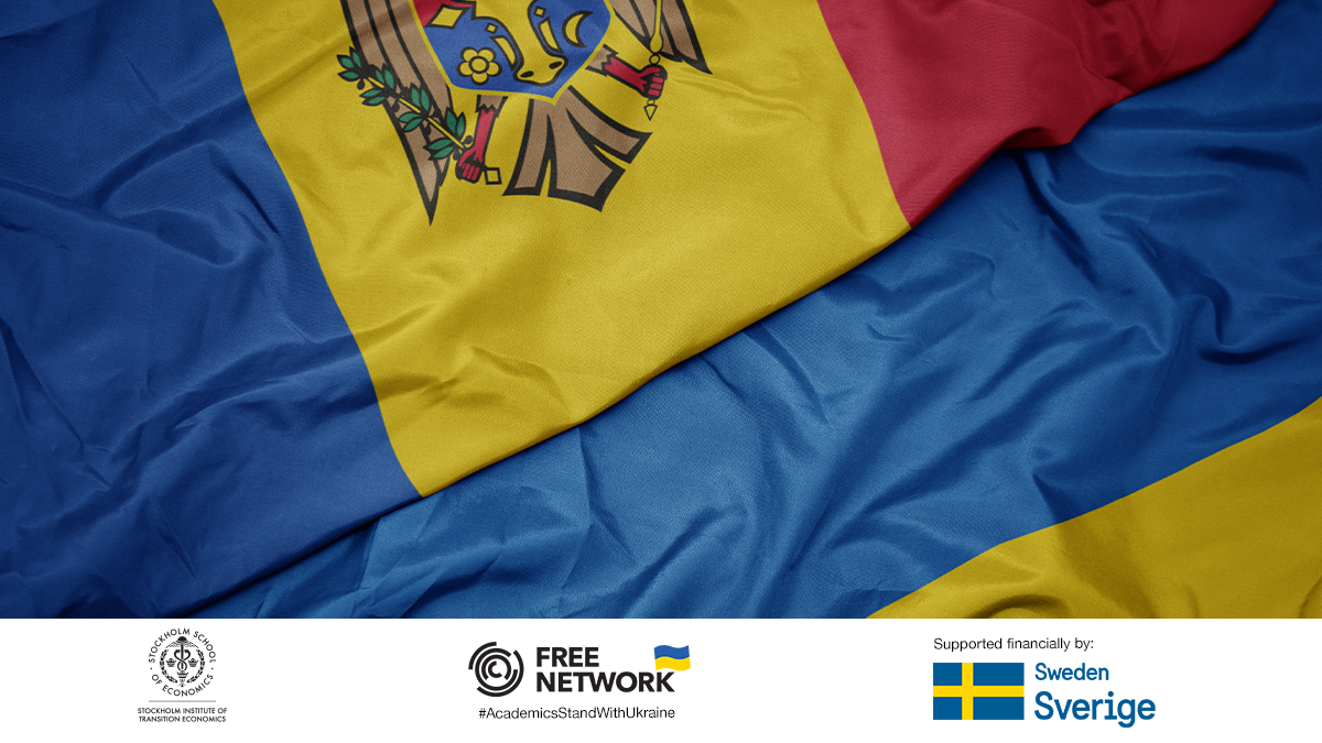 Waving colorful flag of Ukraine and national flag of Moldova.