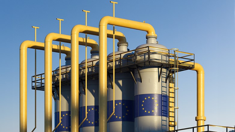 Natural gas tank in gas factory with European union flag