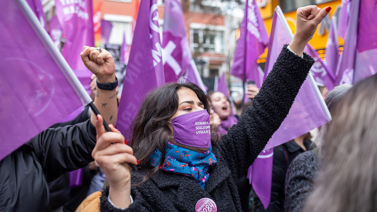 Istanbul, Turkey, March 3, 2024: Prior to March 8, International Women&#39;s Day, numerous feminist groups and women&#39;s rights associations in Istanbul orchestrated a protest along the Kadikoy district.