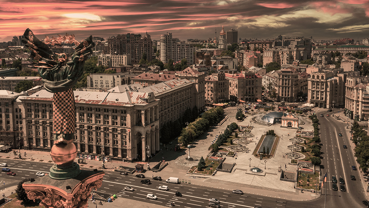 Kyiv, Ukraine. May 30, 2021. Aerial view of the Kyiv Ukraine above Maidan Nezalezhnosti Independence Monument. Golden beautiful Ukrainian woman statue in the middle of the city.
