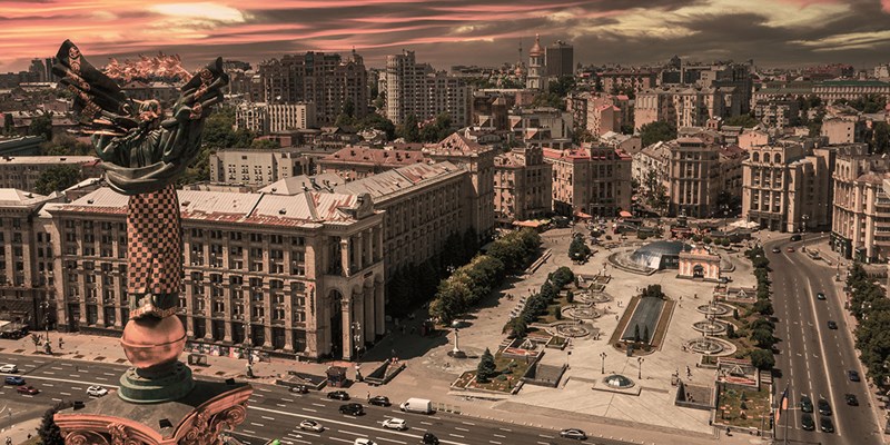 Kyiv, Ukraine. May 30, 2021. Aerial view of the Kyiv Ukraine above Maidan Nezalezhnosti Independence Monument. Golden beautiful Ukrainian woman statue in the middle of the city.