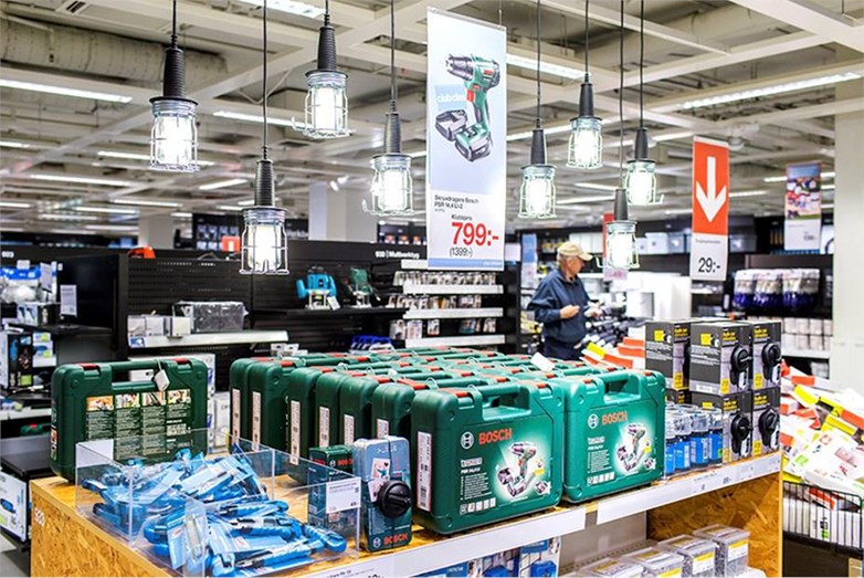 Picture from a Clas Ohlson store showing shelfs and goods.