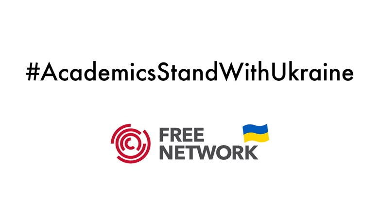 FREE Network logo with the Ukraine flag and #AcademicsStandWithUkraine