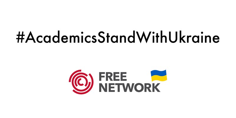 FREE Network logo with the Ukraine flag and #AcademicsStandWithUkraine