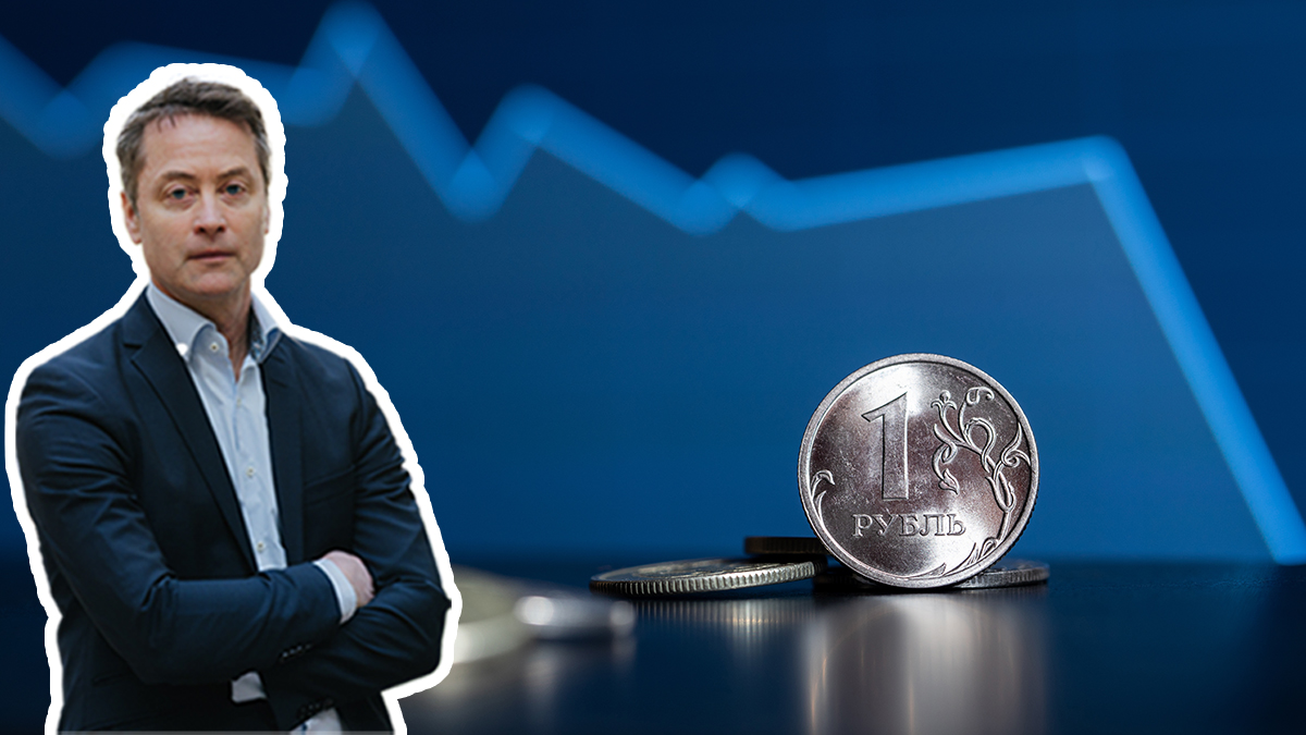 Photo of Torbjörn Becker. Background photo: Russian ruble coins. The fall of the ruble. Collapse of the ruble.