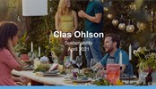 Press picture from Clas Ohlson on the theme sustainability. Two persons, a male and a woman, sitting at an open air dinner table talking in the sunset a summer evening.